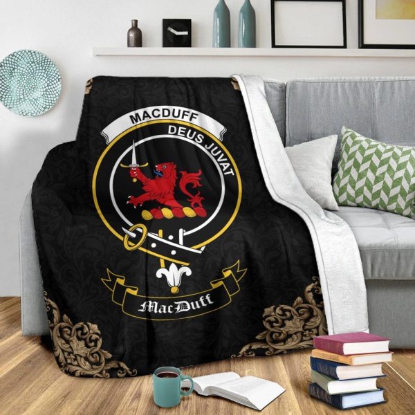 MacDuff Crest Tartan Premium Blanket Black For Sale - Image 2