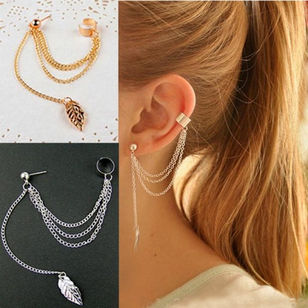 Leaf Tassel Earrings For Women Fashionable Personality Metal Ear Clip Cheap
